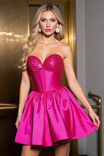 Fuchsia A Line Satin Strapless Homecoming Dress with Beading
